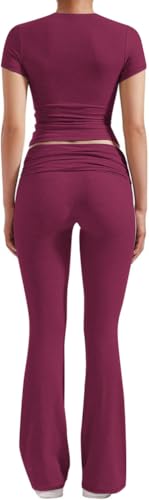 ZFLM Casual Workout Two Piece Outfits for Women Short Sleeve Crop High Waist Foldover Flare Pants Tracksuit Sets Streetwear