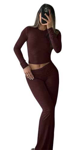 ZFLM Casual Workout Two Piece Outfits Long Sleeve High Waist Fold-Over Flared Leggings Pants Tracksuit Sets Streetwear