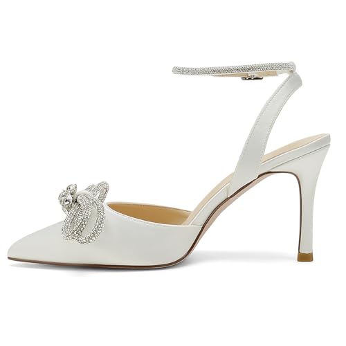 Deidach Women's Pointed Toe High Stilettos Satin Ankle Strap Crystal Pumps Wedding Bridal Party Dress Heeled Sandals Black