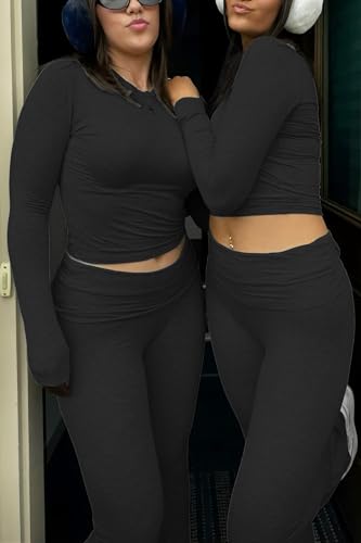 Women's 2 Piece Casual Outfits Pajama Slim Fit Long Sleeve Top Fold-Over Bell Bottoms Cotton Jersey Set Black