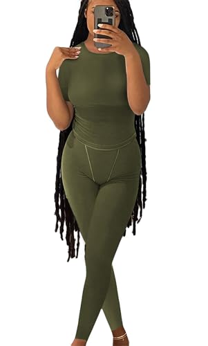 ZFLM Casual Workout Two Piece Outfits for Women Fitted Crew Neck T-shirt High Waist Pants Matching Sets Streetwear