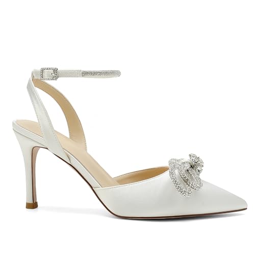 Deidach Women's Pointed Toe High Stilettos Satin Ankle Strap Crystal Pumps Wedding Bridal Party Dress Heeled Sandals Black