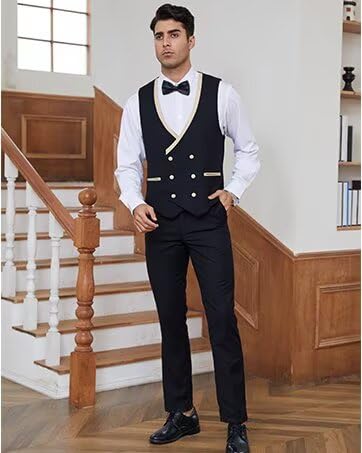 CKGJLJ Dusty Blue and Black Mens Suits 3 Pieces Slim Fit Double Breasted Men's Tuxedos Sets Peak Lapel Suits for Wedding Groom Suit Dusty Blue Tuxedo for Men Three Piece Classic Fit Wedding Suit M