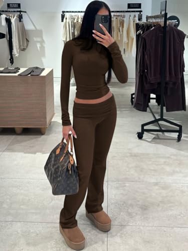 ZFLM Casual Workout Two Piece Outfits Long Sleeve High Waist Fold-Over Flared Leggings Pants Tracksuit Sets Streetwear