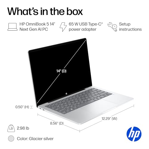 HP OmniBook 5 14 inch Next Gen AI PC, OLED Display, Snapdragon X Plus X1P-42-100, 16 GB RAM, 1 TB SSD, Qualcomm Adreno GPU, Windows 11 Home, Copilot+ PC, Glacier Silver, 14-he0099nr