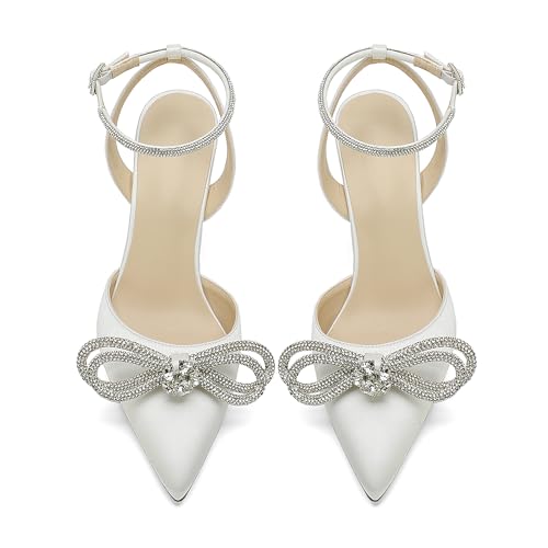 Deidach Women's Pointed Toe High Stilettos Satin Ankle Strap Crystal Pumps Wedding Bridal Party Dress Heeled Sandals Black