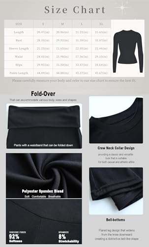 Women's 2 Piece Casual Outfits Pajama Slim Fit Long Sleeve Top Fold-Over Bell Bottoms Cotton Jersey Set Black