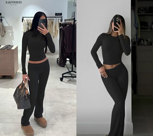 Women's 2 Piece Casual Outfits Pajama Slim Fit Long Sleeve Top Fold-Over Bell Bottoms Cotton Jersey Set Black