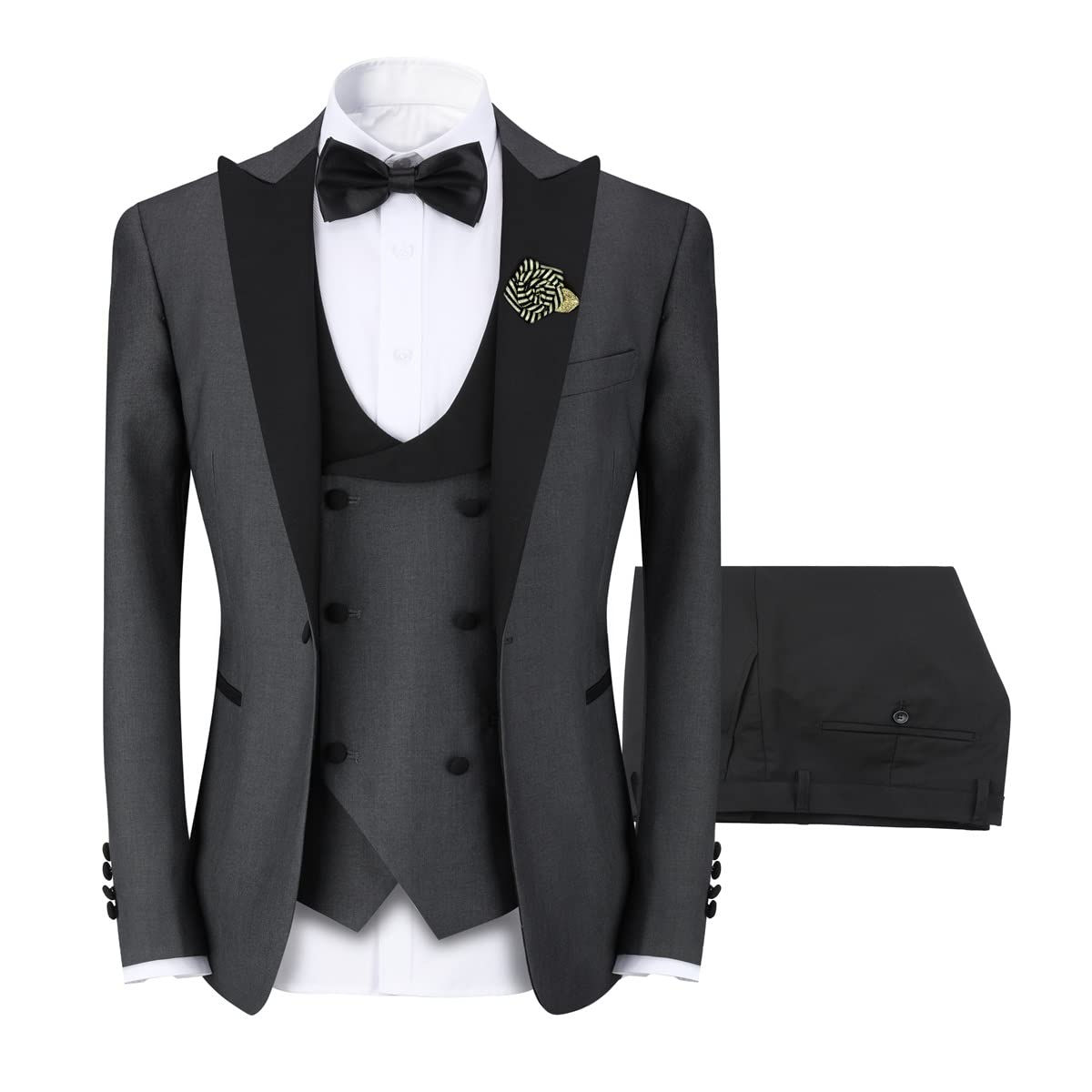 YFFUSHI Men's 3 Piece Suit Slim Fit One Button Prom Suits Set Blazer Vest Trousers Grey