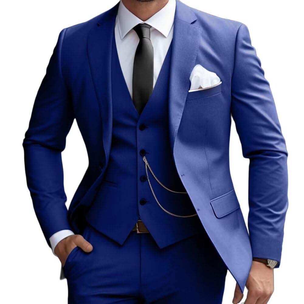 Mens 3 Pieces Classic Suit Wedding Blazer Grooms Jackets Vests Pants Suits Royal Blue