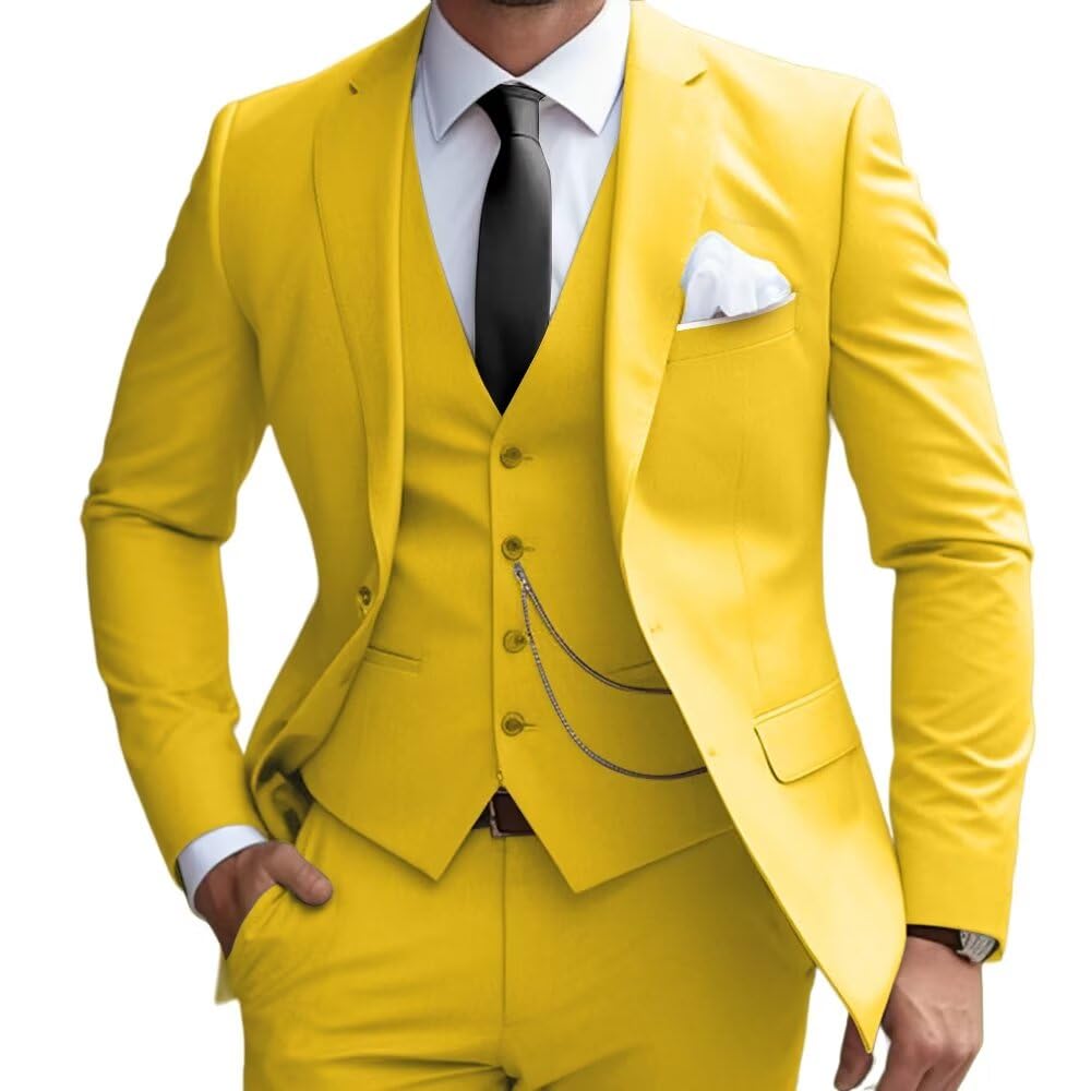 Mens 3 Pieces Classic Suit Wedding Blazer Grooms Jackets Vests Pants Suits Yellow XL