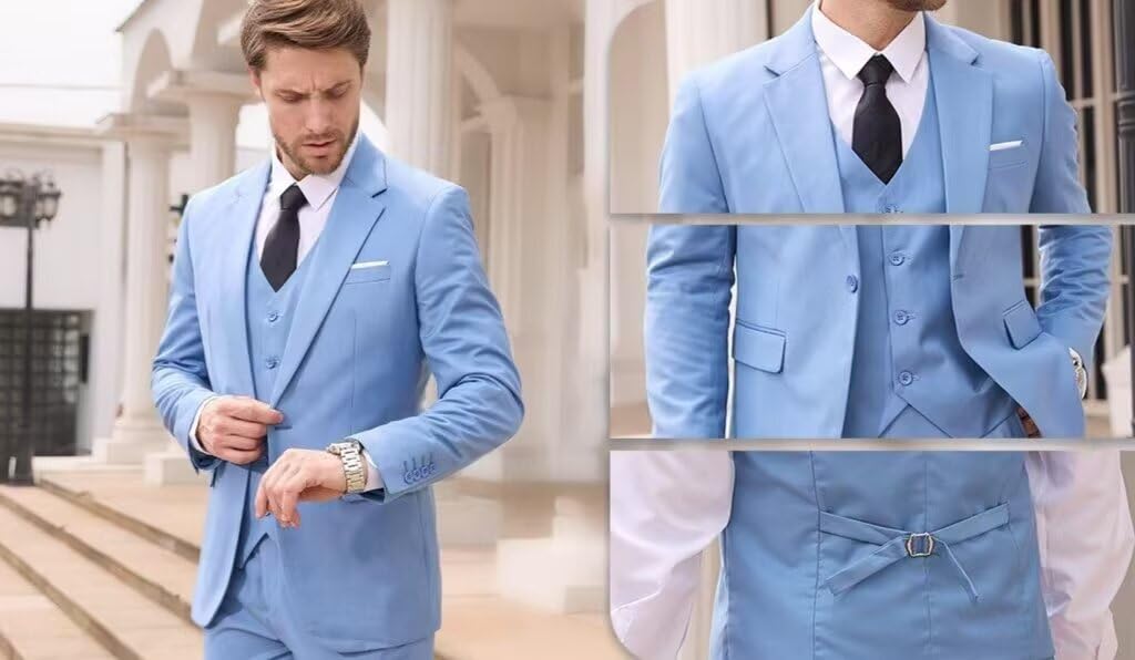 HUUTOE Dusty Blue Suit for Men Mens Elegant Light Blue Wedding Suit Mens Slim Fit 3 Piece Dress Suits Tuxedo for Men Slim Fit for Man XL-Traje de Boda para Hombre