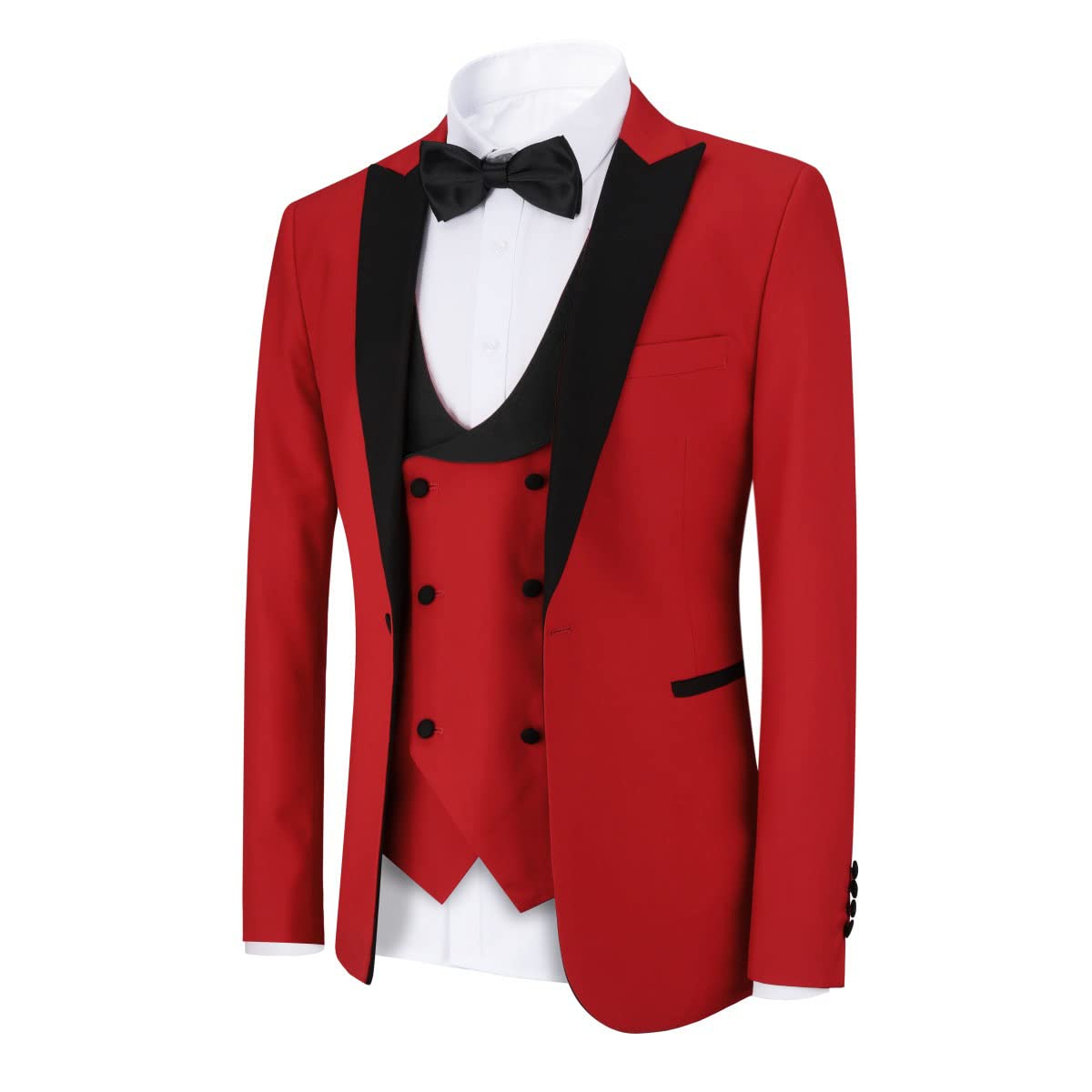 YFFUSHI Men's 3 Piece Suit Slim Fit One Button Prom Suits Set Blazer Vest Trousers Red Small