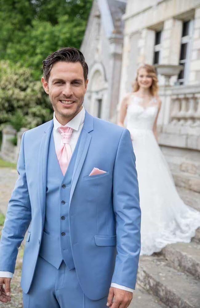 HUUTOE Light Blue Suits for Men 3 Piece Light Blue Suit Slim Fit Mens Prom Suits for Stretch Groomsmen Wedding Tuxedo for Men Groom 2025 Traje para Hombre 44 XL