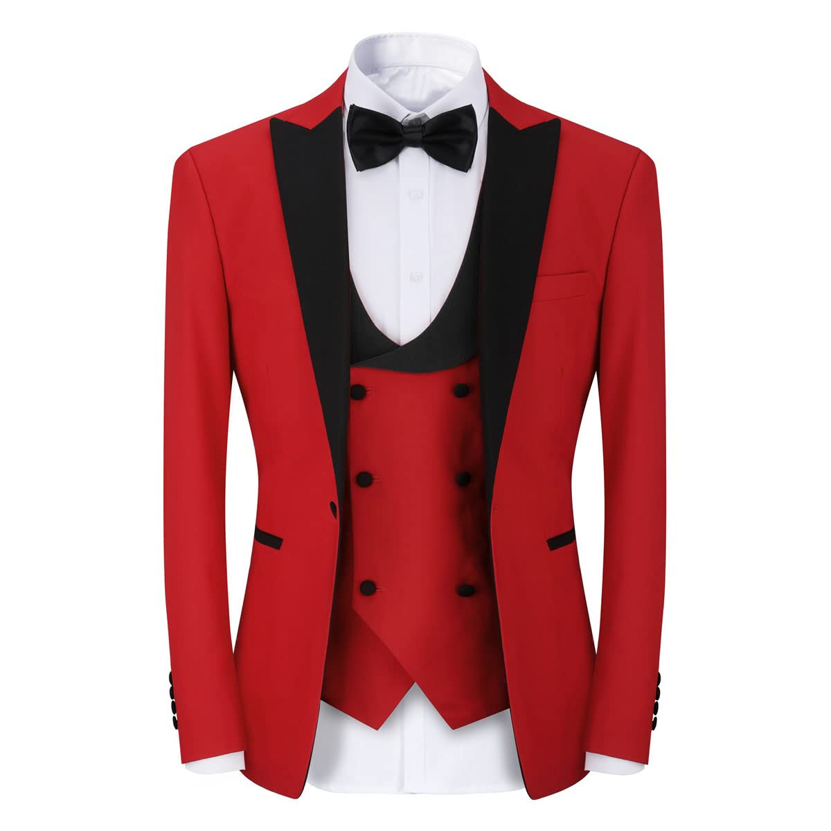 YFFUSHI Men's 3 Piece Suit Slim Fit One Button Prom Suits Set Blazer Vest Trousers Red Small