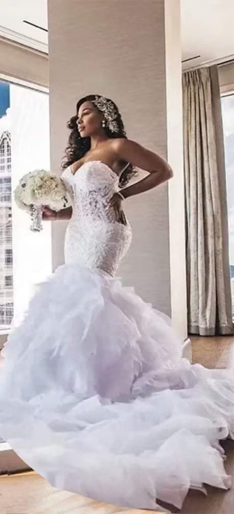Bridal Gown Ivory Tulle Lace for Bride Long Mermaid Plus Size Wedding Dress Sweetheart Ruched Size 16W