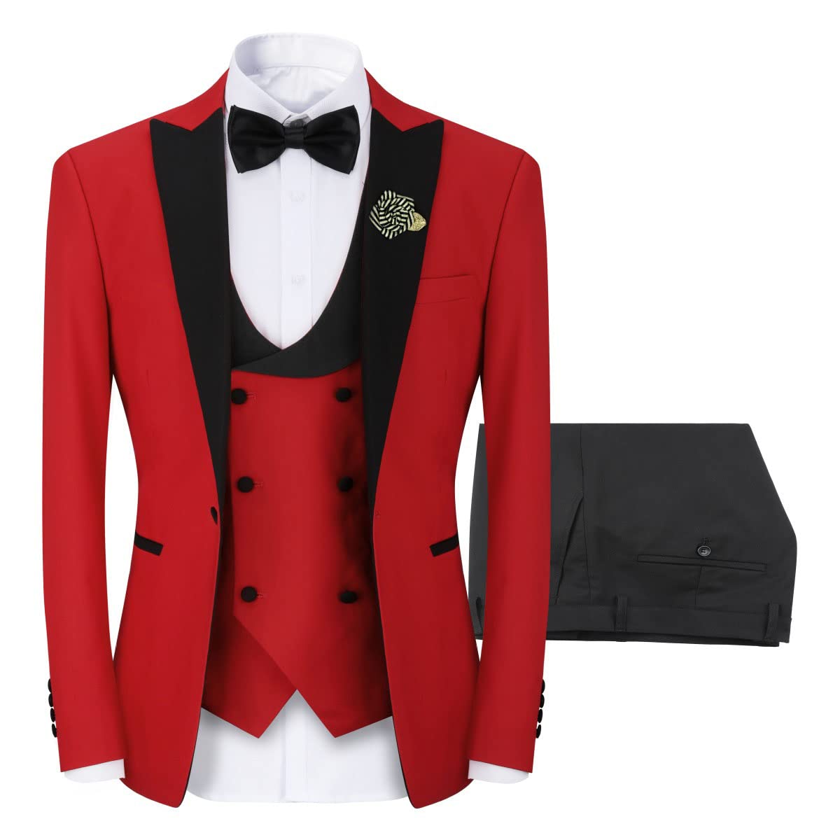 YFFUSHI Men's 3 Piece Suit Slim Fit One Button Prom Suits Set Blazer Vest Trousers Red Small