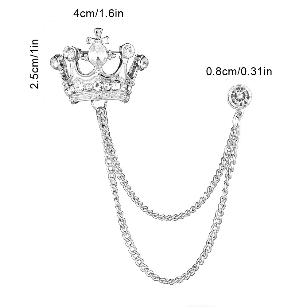 2PCS Men's Crown Hanging Chain Brooch with Stone Detailing, Engraving, Metal Crystal, Suit Stud Lapel Pin, Vintage Rhinestone Breastpin Wedding Brooch Pin, Gold and Silver