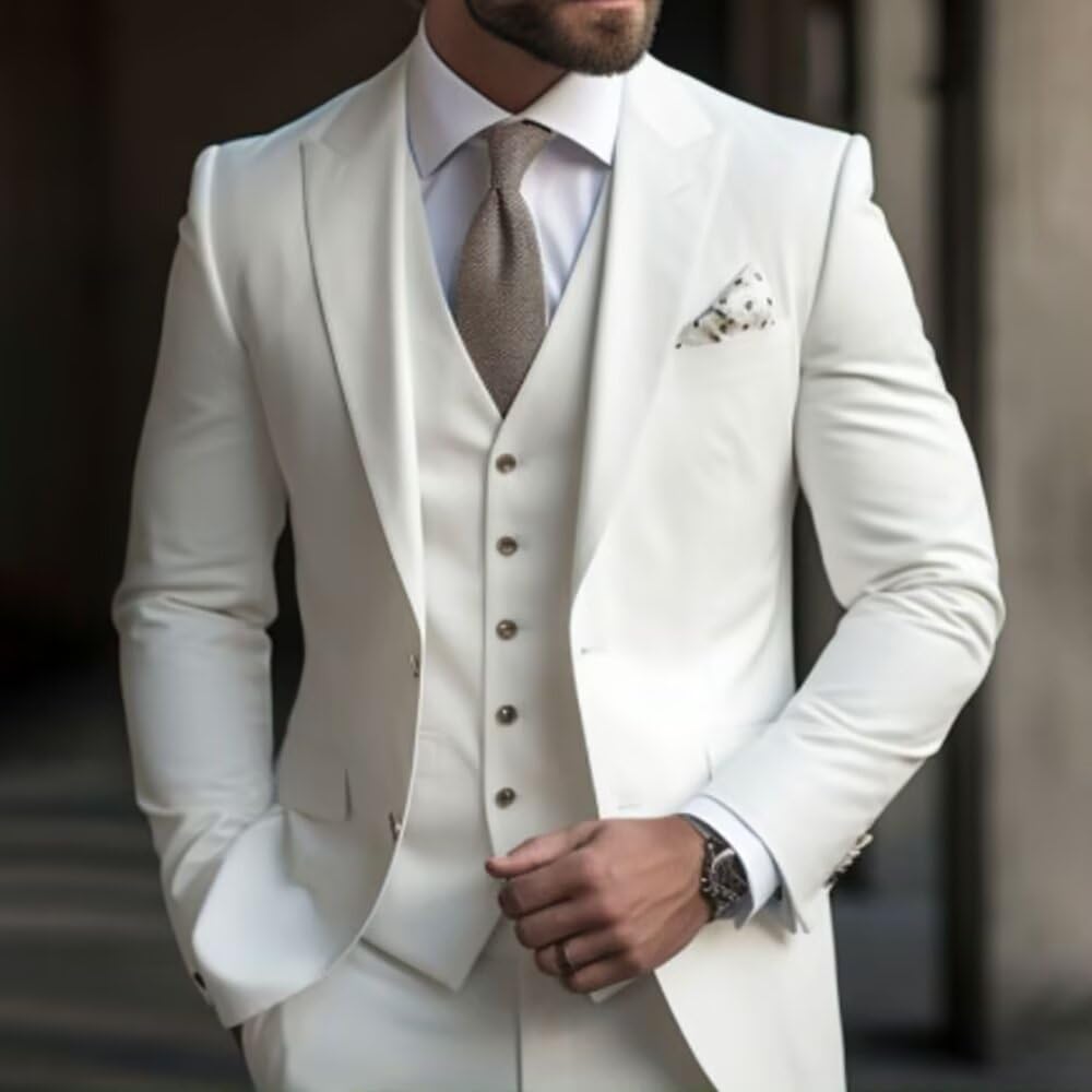 HUUTOE White Suits for Men 3 Piece White Suit Slim Fit Mens Prom Suits for Stretch Groomsmen Wedding Tuxedo for Men Groom 2025 Traje para Hombre 44 XL