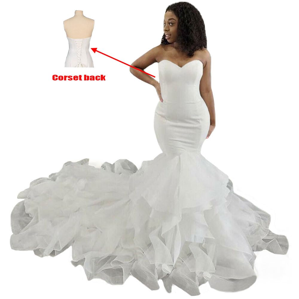 XYAYE Sweetheart Mermaid Wedding Dresses for Bride 2022 Cascading Ruffles Wedding Gowns for Women Strapless Bridal Gowns White 16 Plus Size
