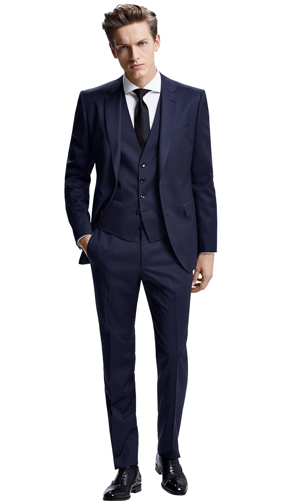HUUTOE Navy Blue Suits for Men 3 Piece Navy Blue Suit Slim Fit Mens Prom Suits for Stretch Groomsmen Wedding Tuxedo for Men Groom 2025 Traje para Hombre 44 XL