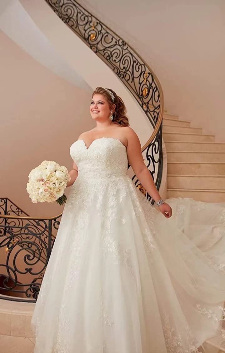 Plus Size Off The Shoulder Lace Applique Wedding Dress for Bride Long Tulle A-Line Bridal Gown with Sweep Train White 16W