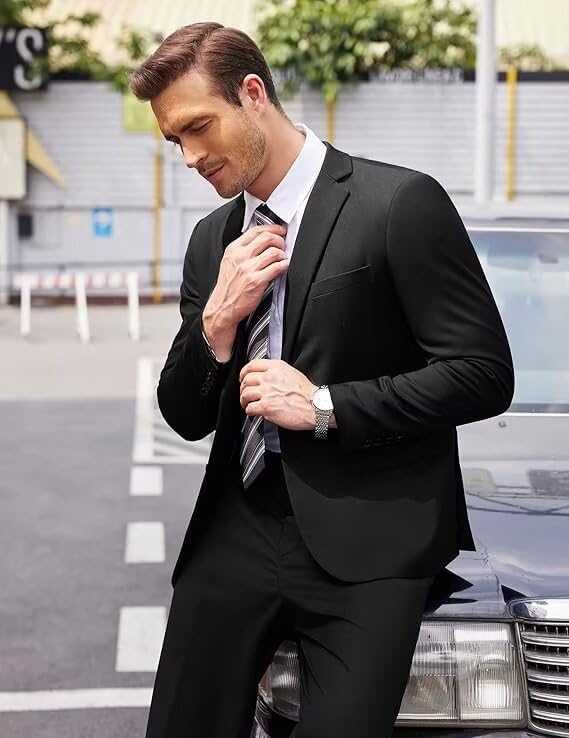 HUUTOE Black Suits for Men 3 Piece Black Suit Slim Fit Mens Prom Suits for Stretch Groomsmen Wedding Tuxedo for Men Groom 2025 Traje para Hombre 44 XL