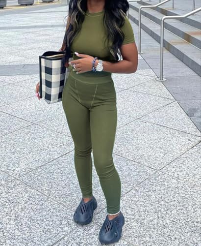 ZFLM Casual Workout Two Piece Outfits for Women Fitted Crew Neck T-shirt High Waist Pants Matching Sets Streetwear