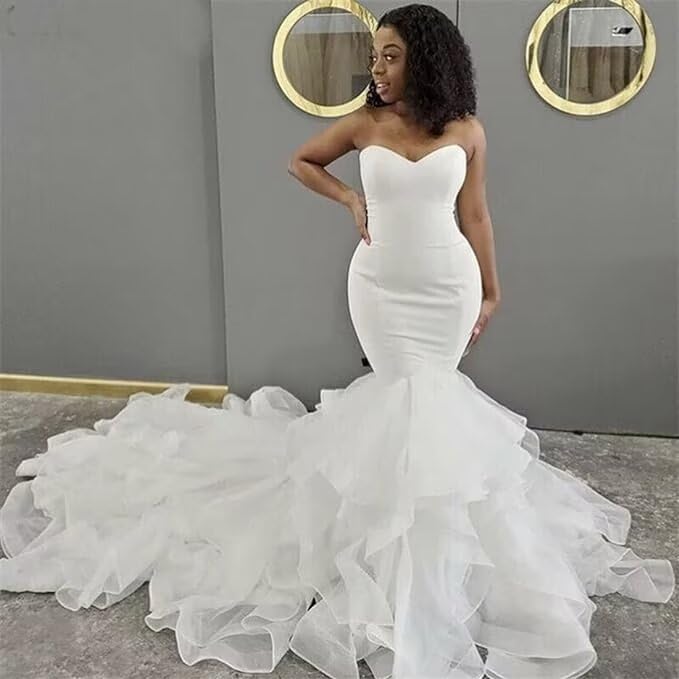 XYAYE Sweetheart Mermaid Wedding Dresses for Bride 2024 Cascading Ruffles Wedding Gowns for Women Strapless Bridal Gowns Champagne 16 Plus Size
