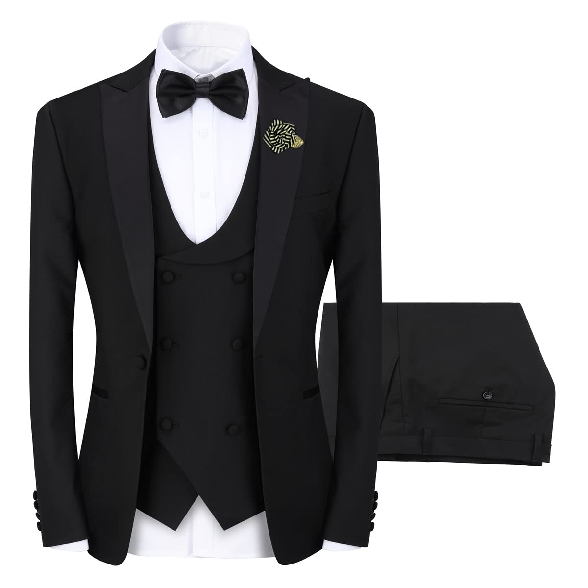 YFFUSHI Men's 3 Piece Suit Slim Fit One Button Prom Suits Set Blazer Vest Trousers Black