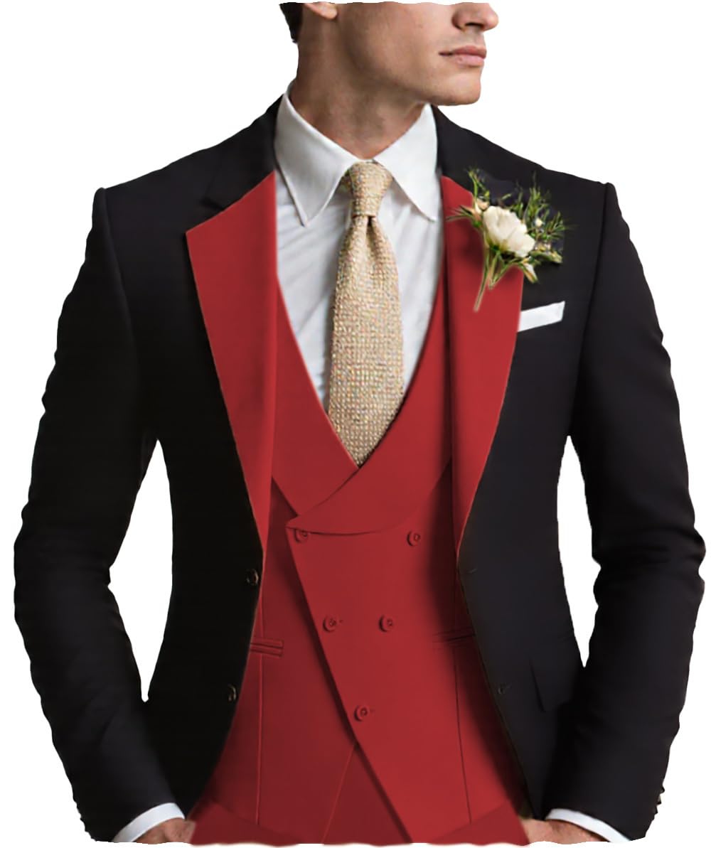 Jiutian Lanyue Formal Men's Suits Slim Fit 3 Piece Business Jacket Tuxedos Blazer+Vest+Trousers Wedding Grooms(Red,40R)