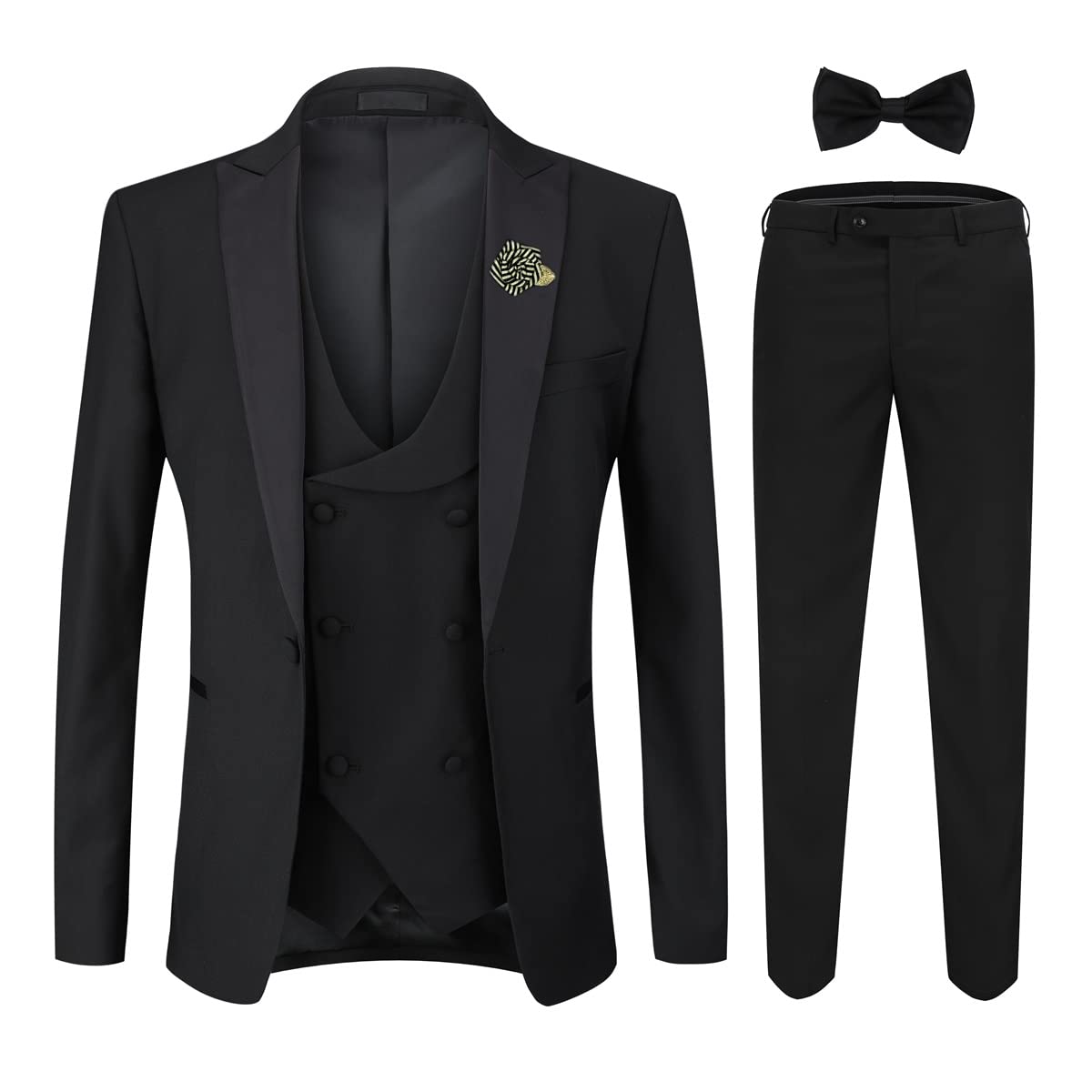YFFUSHI Men's 3 Piece Suit Slim Fit One Button Prom Suits Set Blazer Vest Trousers Black