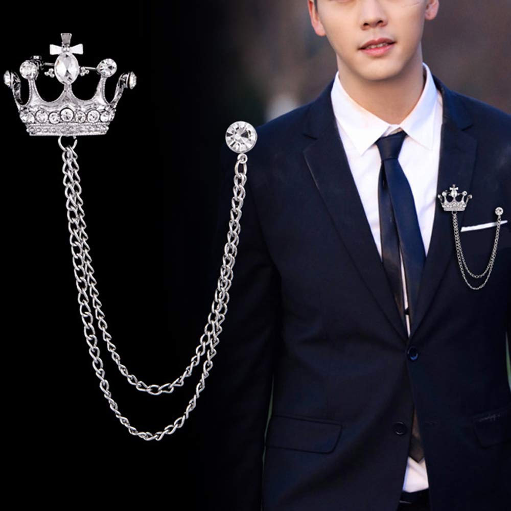 2PCS Men's Crown Hanging Chain Brooch with Stone Detailing, Engraving, Metal Crystal, Suit Stud Lapel Pin, Vintage Rhinestone Breastpin Wedding Brooch Pin, Gold and Silver