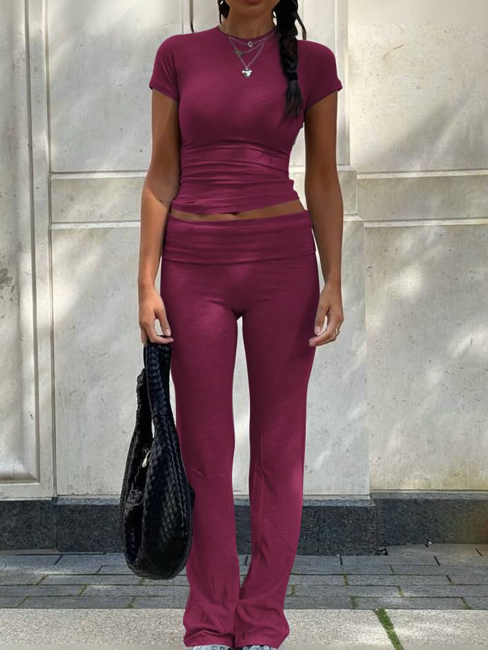 ZFLM Casual Workout Two Piece Outfits for Women Short Sleeve Crop High Waist Foldover Flare Pants Tracksuit Sets Streetwear