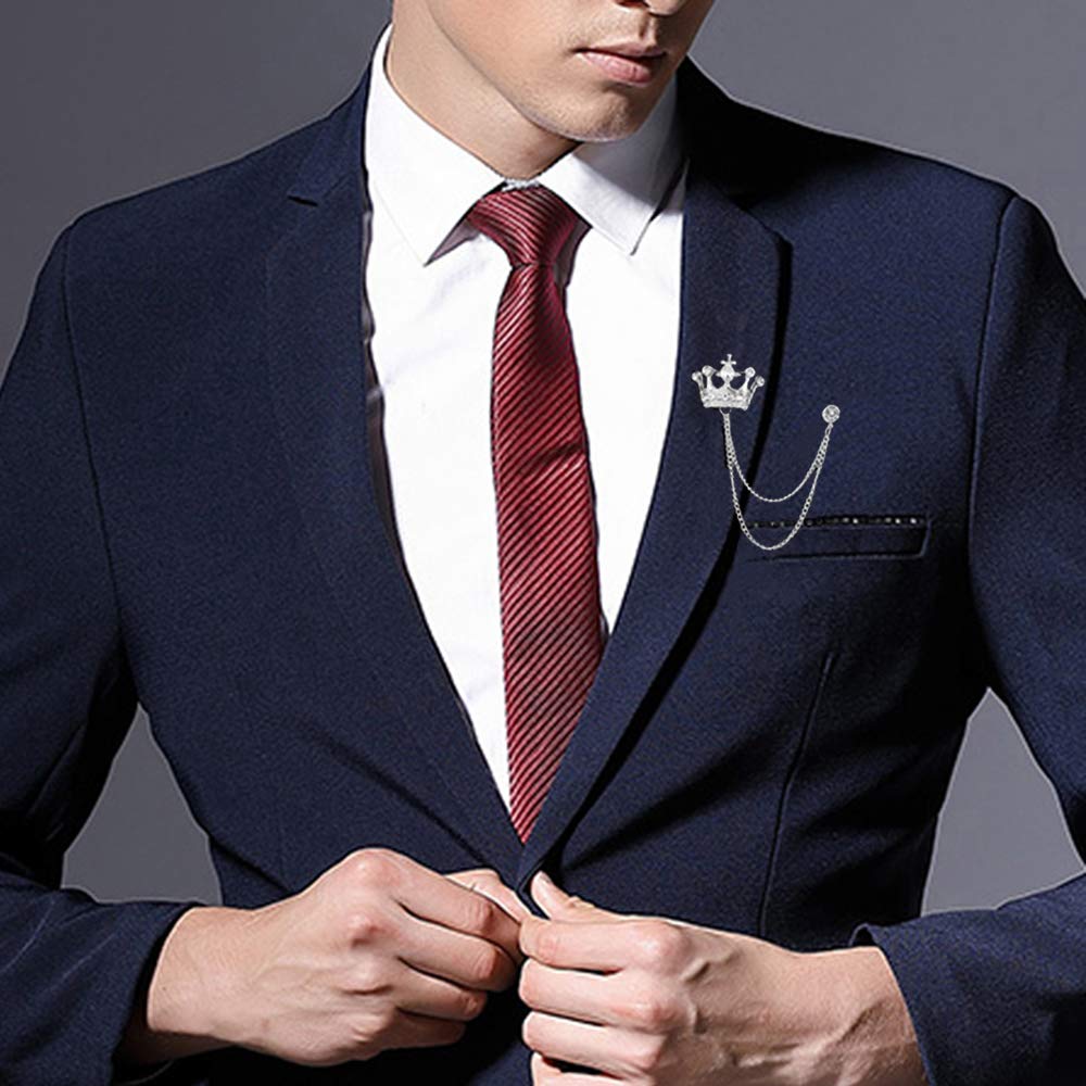 2PCS Men's Crown Hanging Chain Brooch with Stone Detailing, Engraving, Metal Crystal, Suit Stud Lapel Pin, Vintage Rhinestone Breastpin Wedding Brooch Pin, Gold and Silver