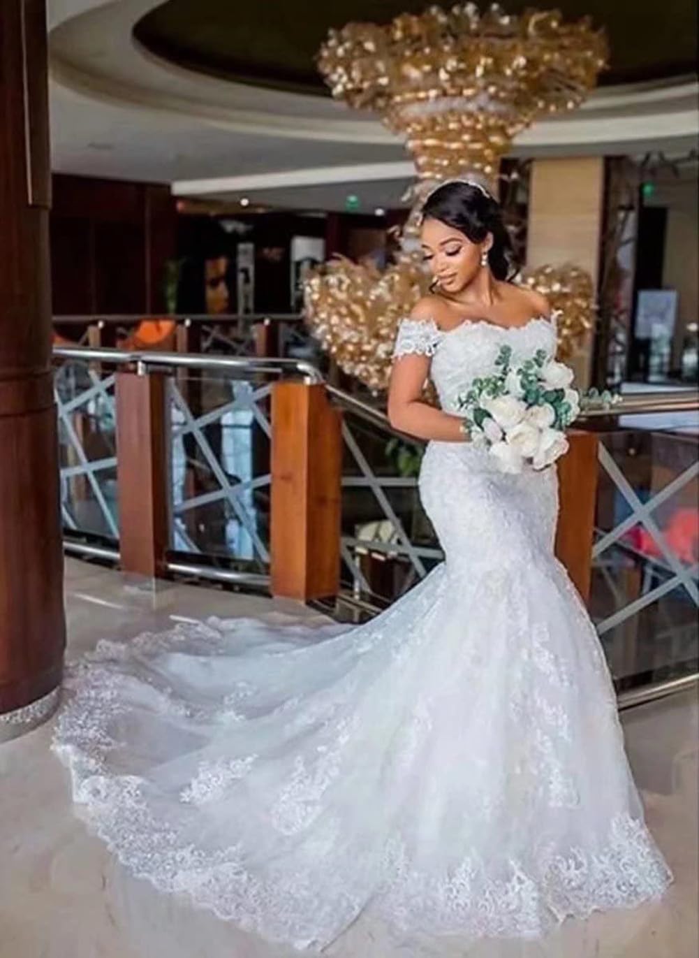 Fanciest Lace Appliqued Wedding Dresses Long Mermaid Bridal Gowns for Bride Off Shoulder Wedding Gowns with Train US12 White