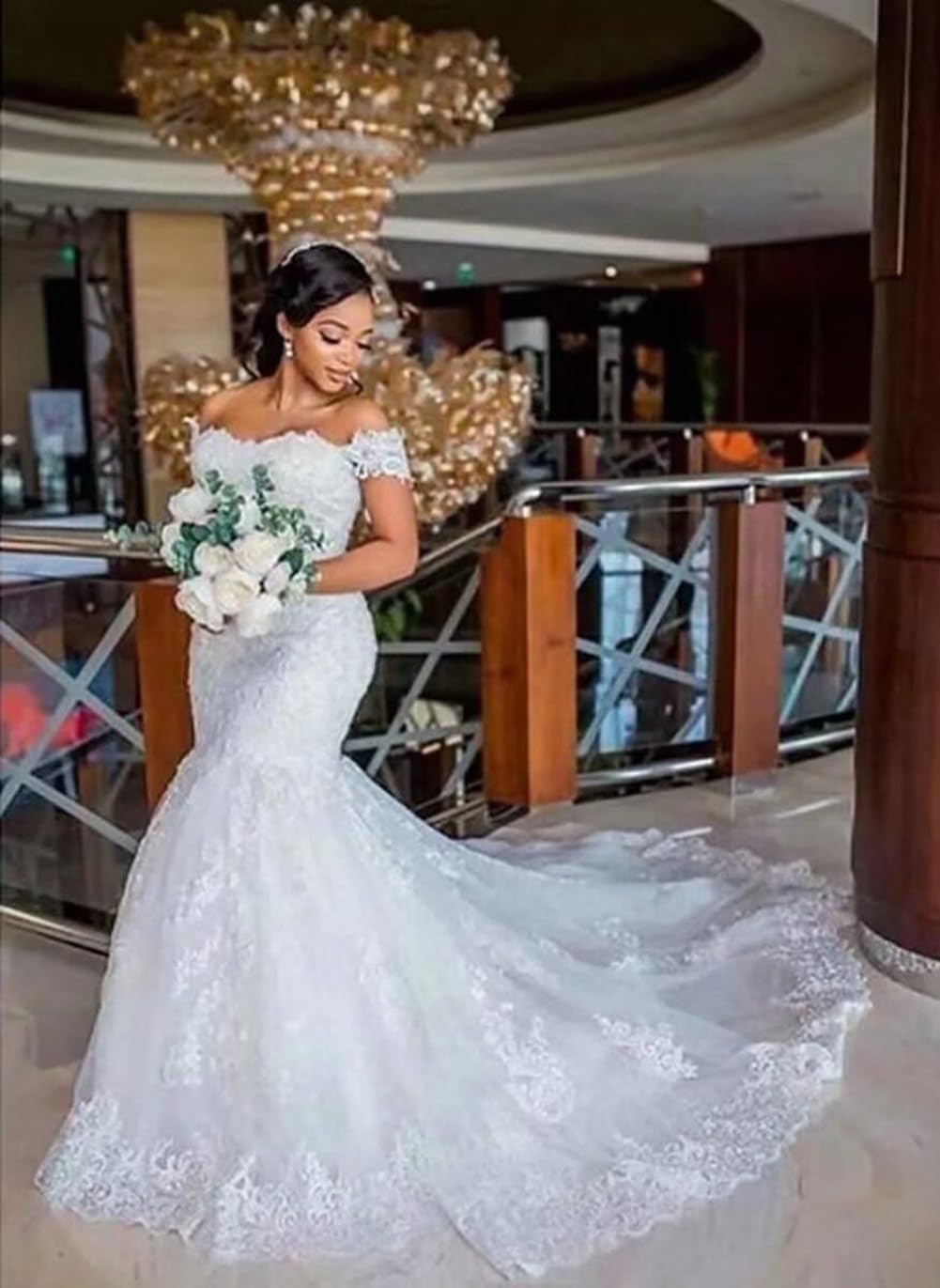 Fanciest Lace Appliqued Wedding Dresses Long Mermaid Bridal Gowns for Bride Off Shoulder Wedding Gowns with Train US12 White