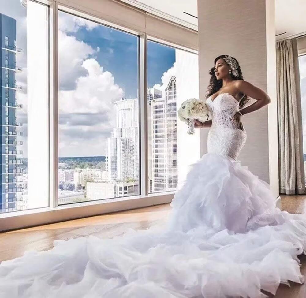 Bridal Dresses for Wedding Mermaid White Tulle Long Sweetheart Boho Wedding Dress Lace Pleated Size 12