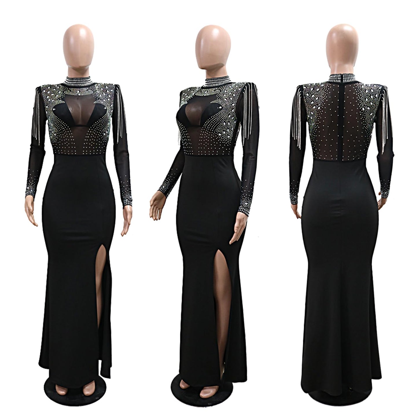 Women's Sexy Rhinestone Dress Thigh-high Slit Bodycon Maxi Long Dress Club Party Dress(548-apricot-M)