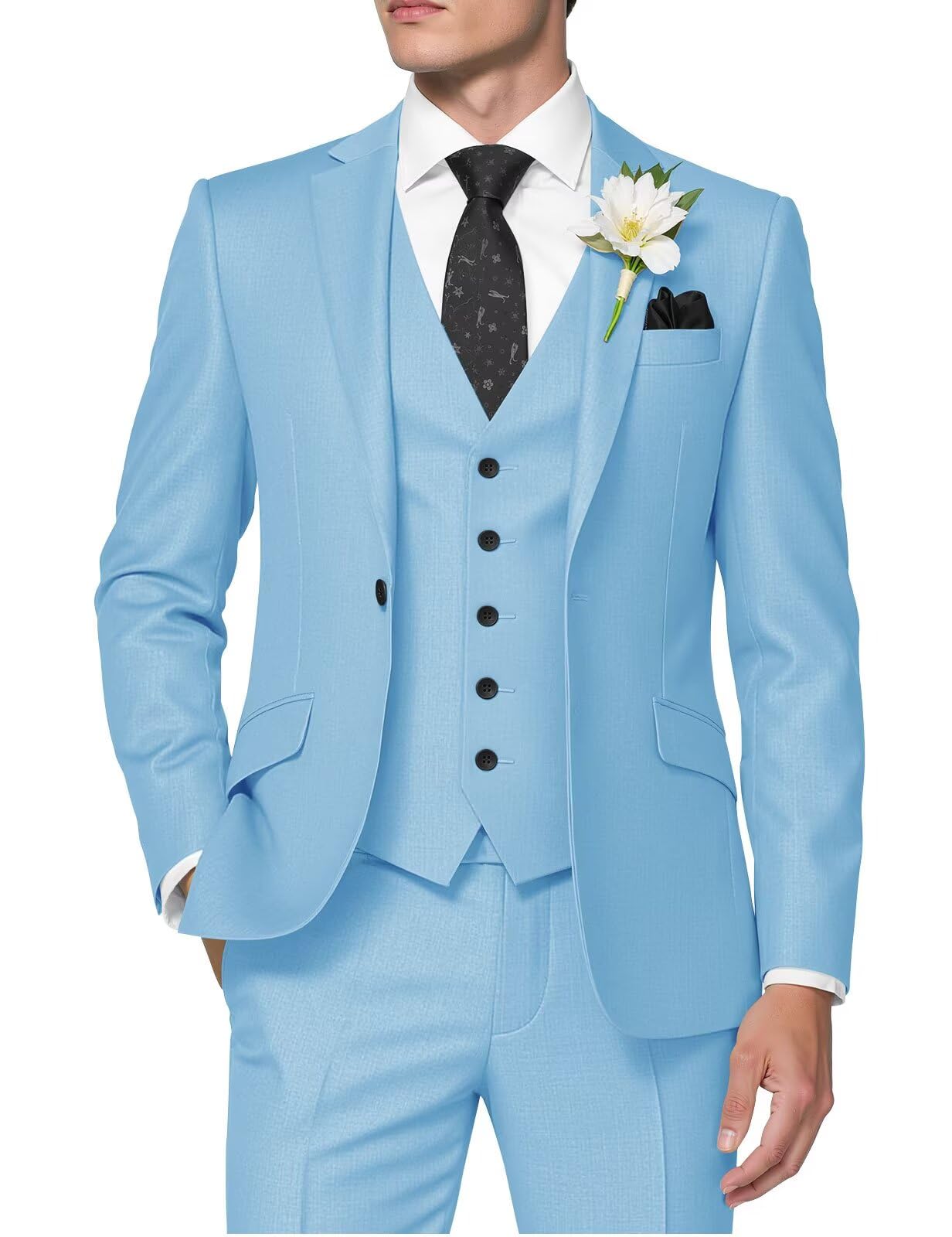 HUUTOE Light Blue Suits for Men 3 Piece Light Blue Suit Slim Fit Mens Prom Suits for Stretch Groomsmen Wedding Tuxedo for Men Groom 2025 Traje para Hombre 44 XL