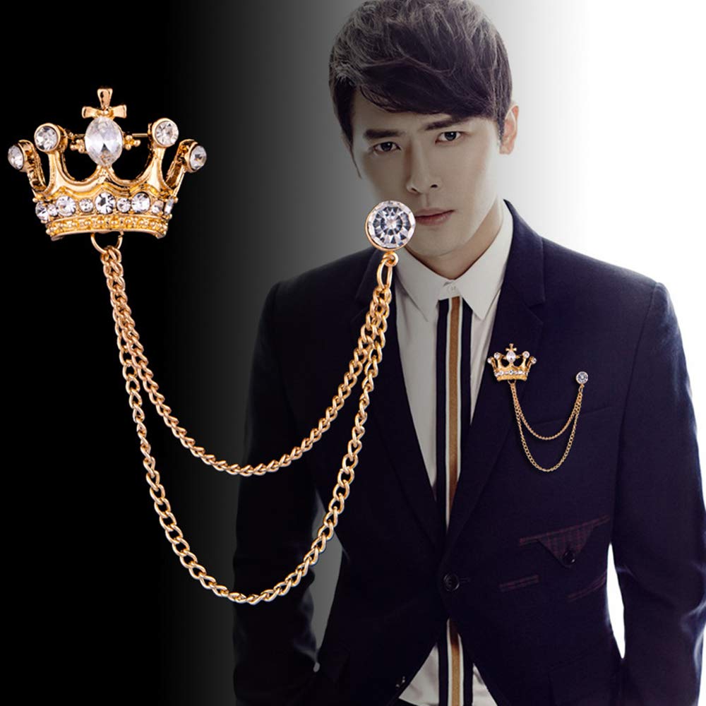 2PCS Men's Crown Hanging Chain Brooch with Stone Detailing, Engraving, Metal Crystal, Suit Stud Lapel Pin, Vintage Rhinestone Breastpin Wedding Brooch Pin, Gold and Silver