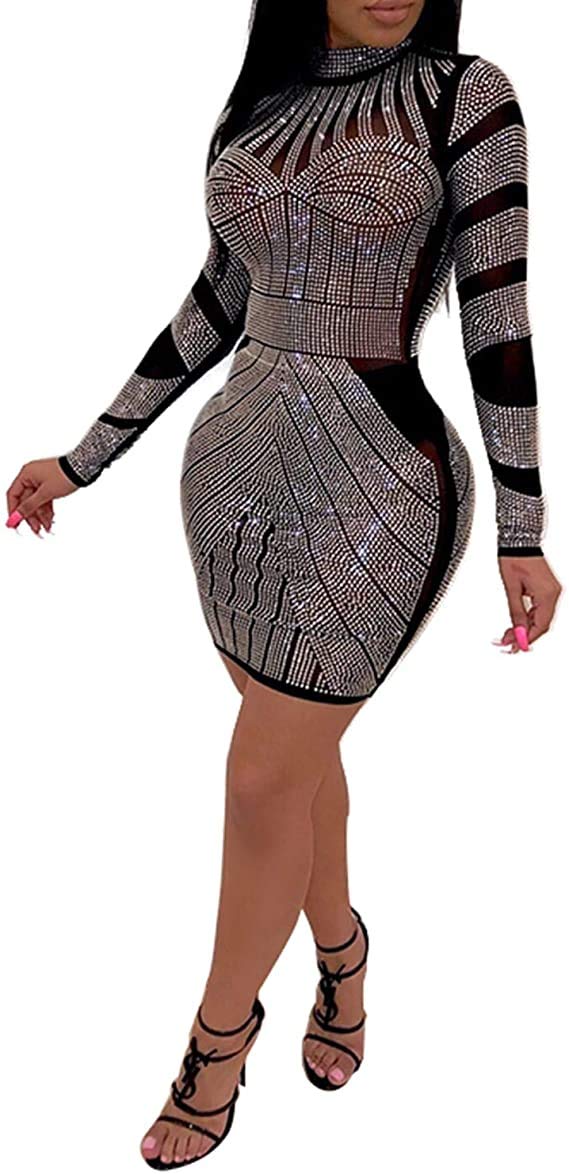 Women Sexy hot Diamond Process Sexy Dress Party Club Night Dress (2020 Black, S)