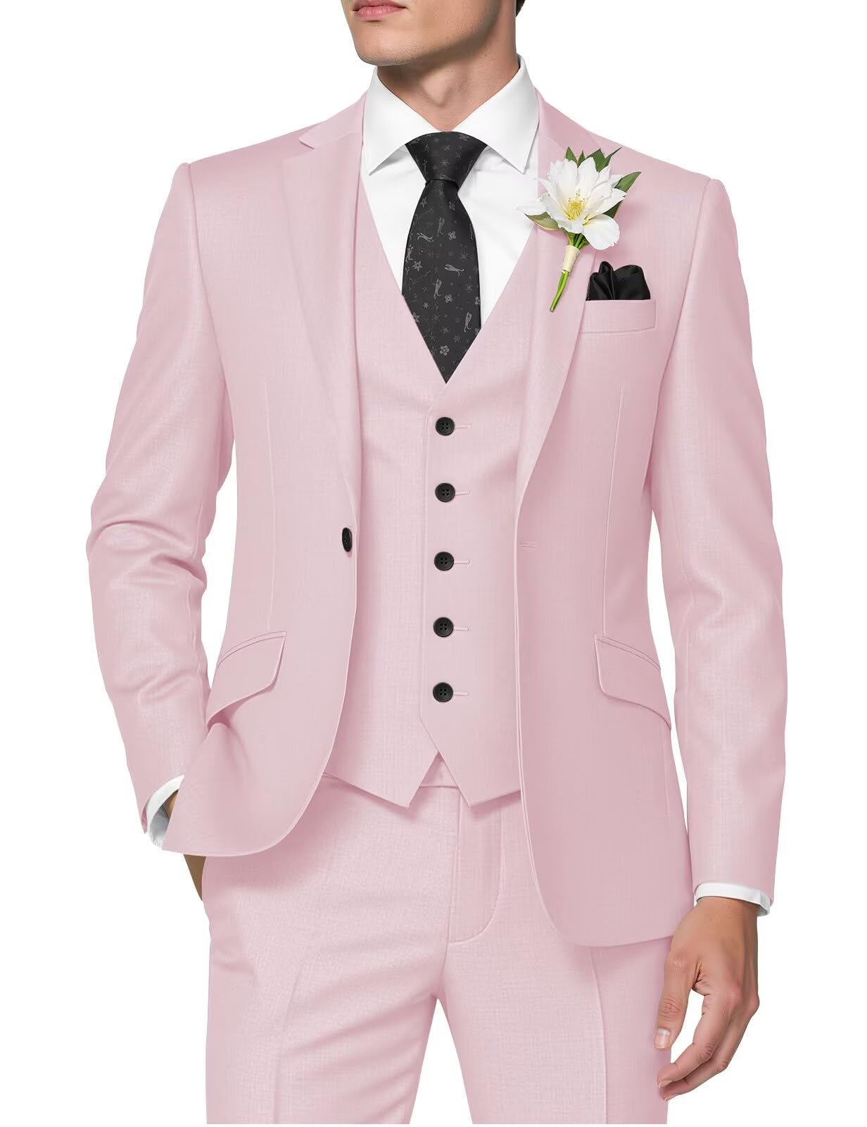 HUUTOE Light Pink Suits for Men 3 Piece Light Pink Suit Slim Fit Mens Prom Suits for Stretch Groomsmen Wedding Tuxedo for Men Groom 2025 Traje para Hombre 44 XL
