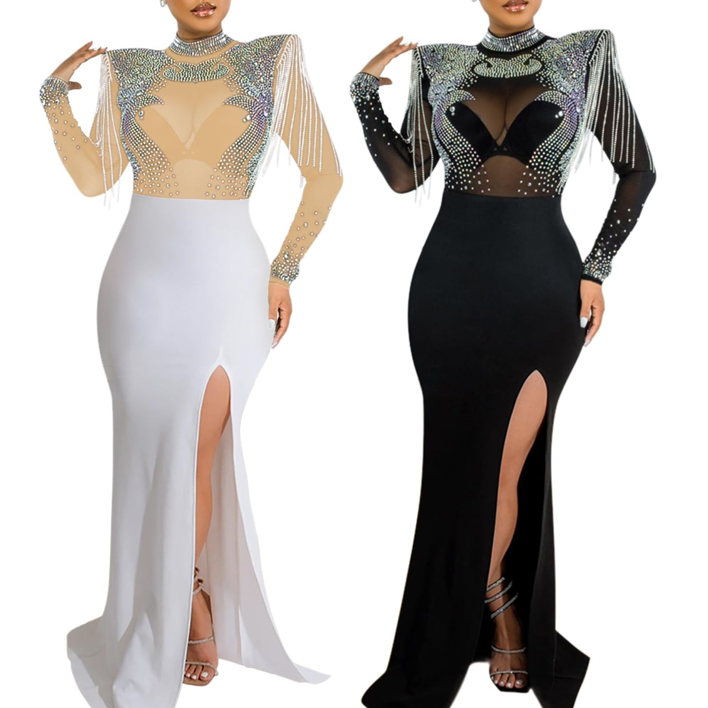 Women's Sexy Rhinestone Dress Thigh-high Slit Bodycon Maxi Long Dress Club Party Dress(548-apricot-M)