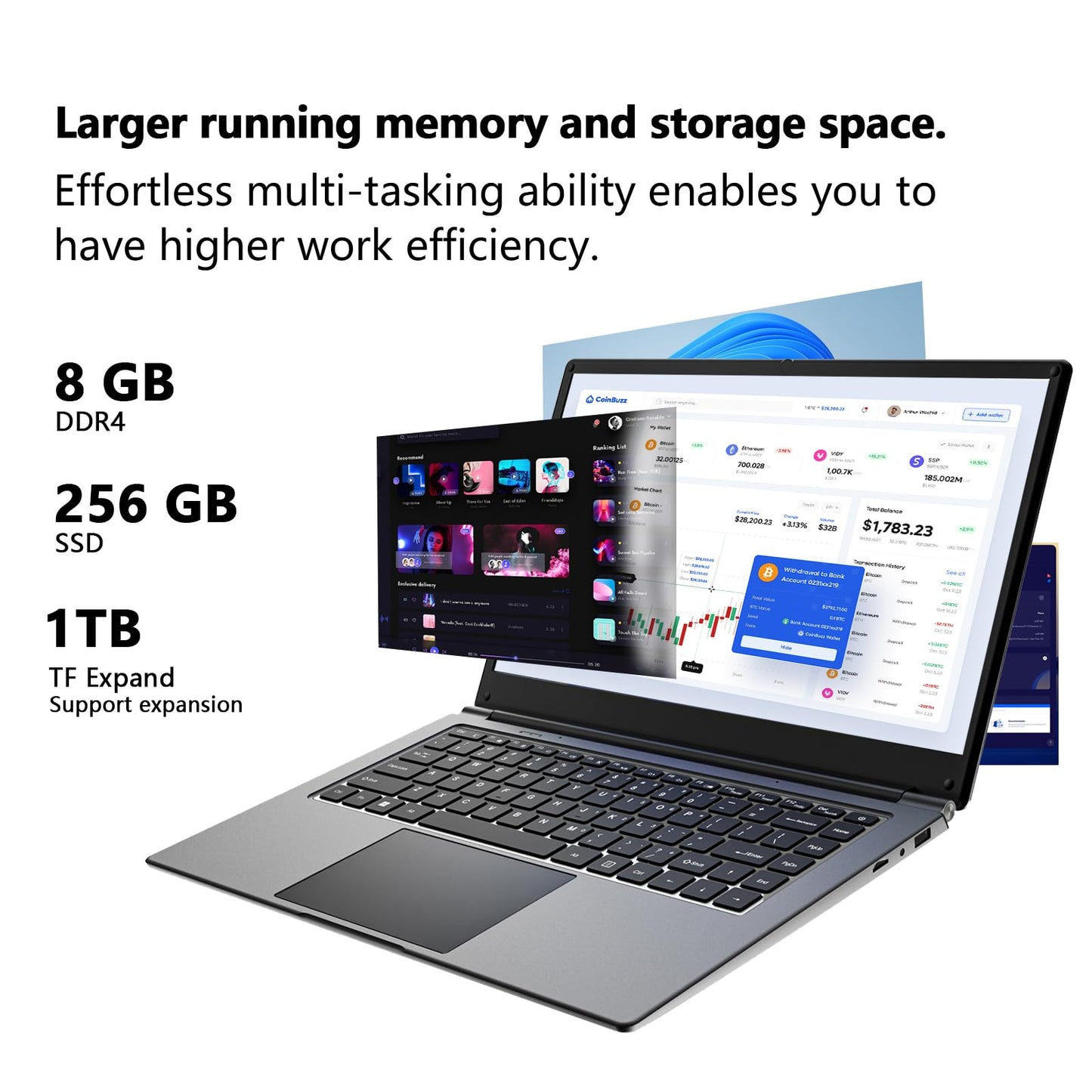 Laptop 16-inch 8GB DDR 256GB SSD Portable Laptop,Expandable to 1TB Pentium Quad-core CPU up to 2.64 GHz 9000mAh Battery Mini HDMI Interface USB3.0 Interface Dual-Band WiFi Webcam Slim laptops