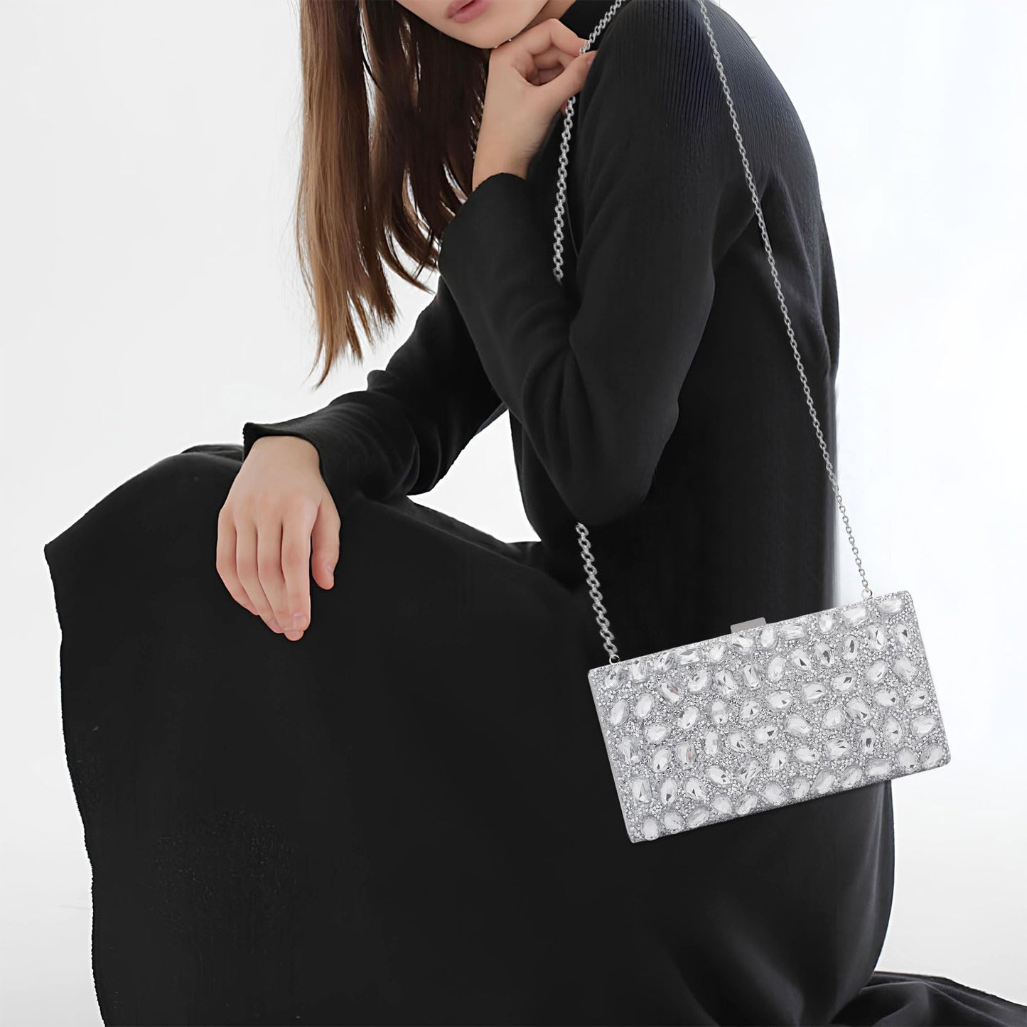 YYW Women Rhinestone Clutch Purse Evening Bag Sparkly Crystal Beaded Handbag for Party (Silver)