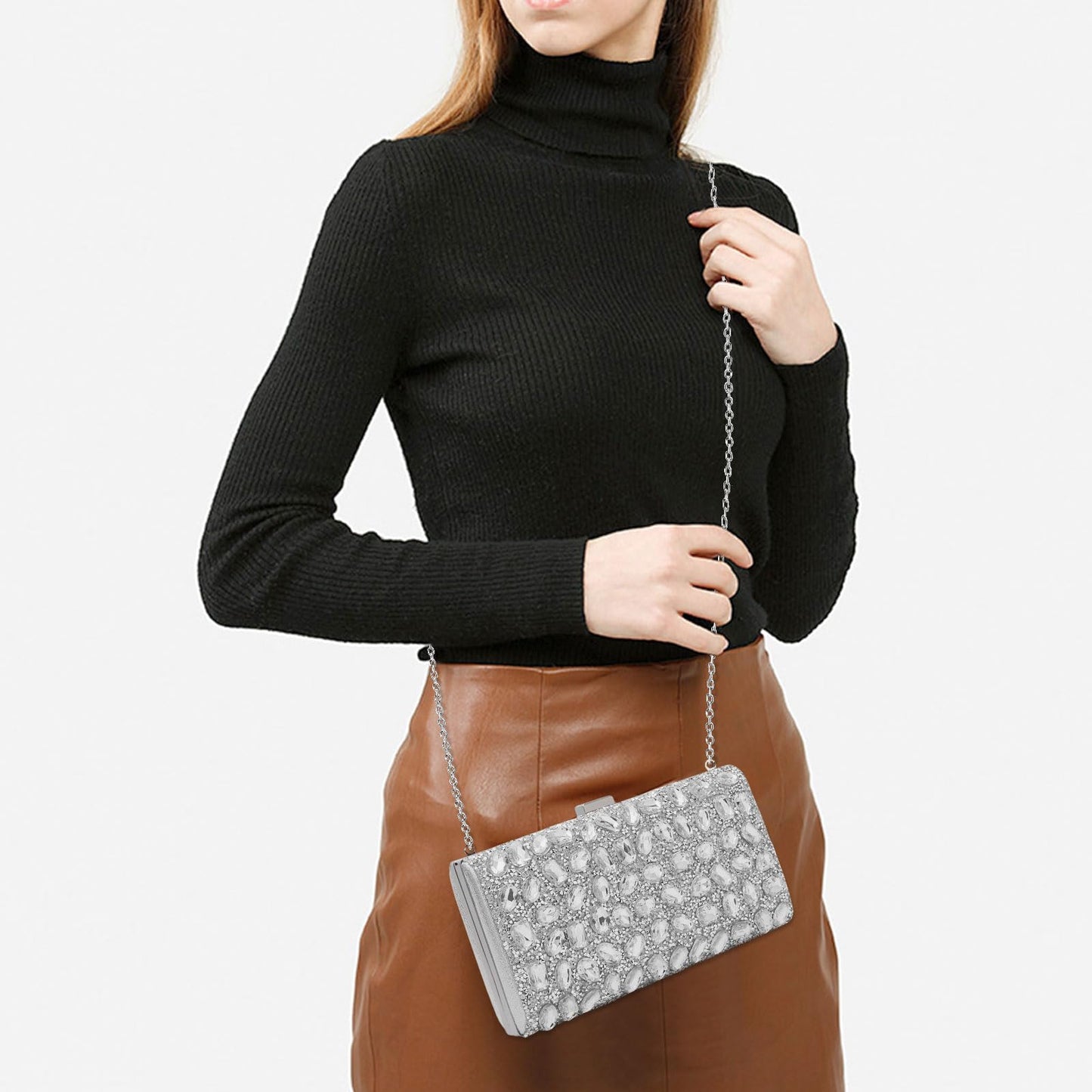 YYW Women Rhinestone Clutch Purse Evening Bag Sparkly Crystal Beaded Handbag for Party (Silver)