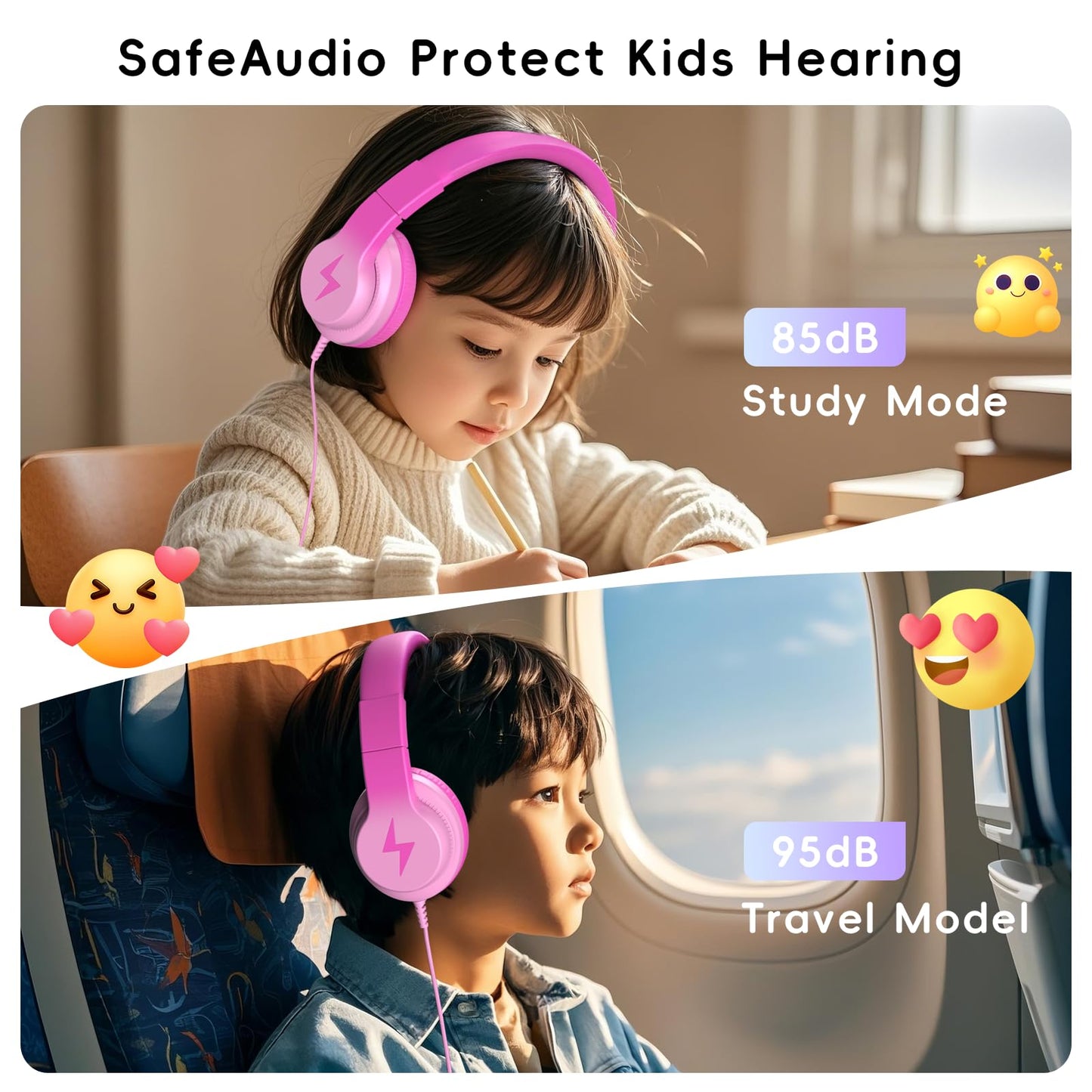 Candy Bila Kids Headphones, Wired Headphones for Kids Over Ear with Microphone, 85/94dB Volume Limiter Headphone for Girls Boys, Foldable Headphone for Learning & Entertainment, Gradient Deep Pink