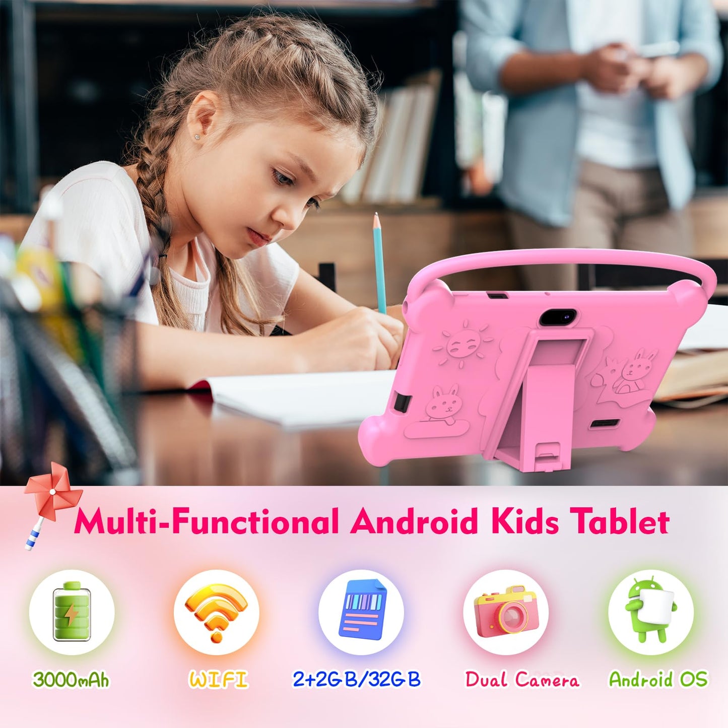Kids Tablet 7 inch 3-9 for Kids,32GB ROM Toddler with Shockproof Case,Kids Android Software Installed Netflix,YoutTube, aiwawa Apps Parent Controls,Dual Camra, WiFi,FM, GPS (Pink)