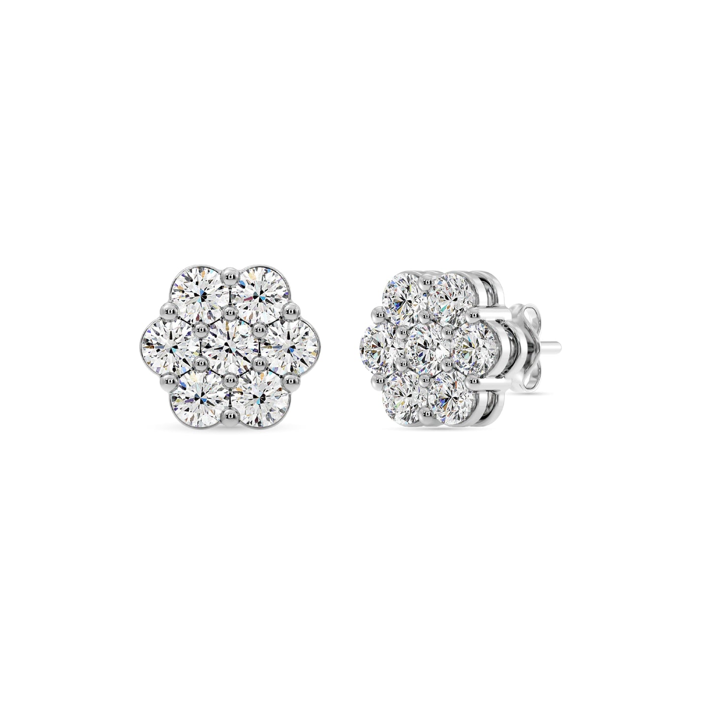 Gilded 2 Carat Total Weight Lab-Grown Diamond Stud Earrings for Women | 925 Sterling Silver | 7-Stone Flower Shaped | Hypoallergenic Fine Jewelry | Prong Setting, Push Back Nut | SI1 Clarity, F Color